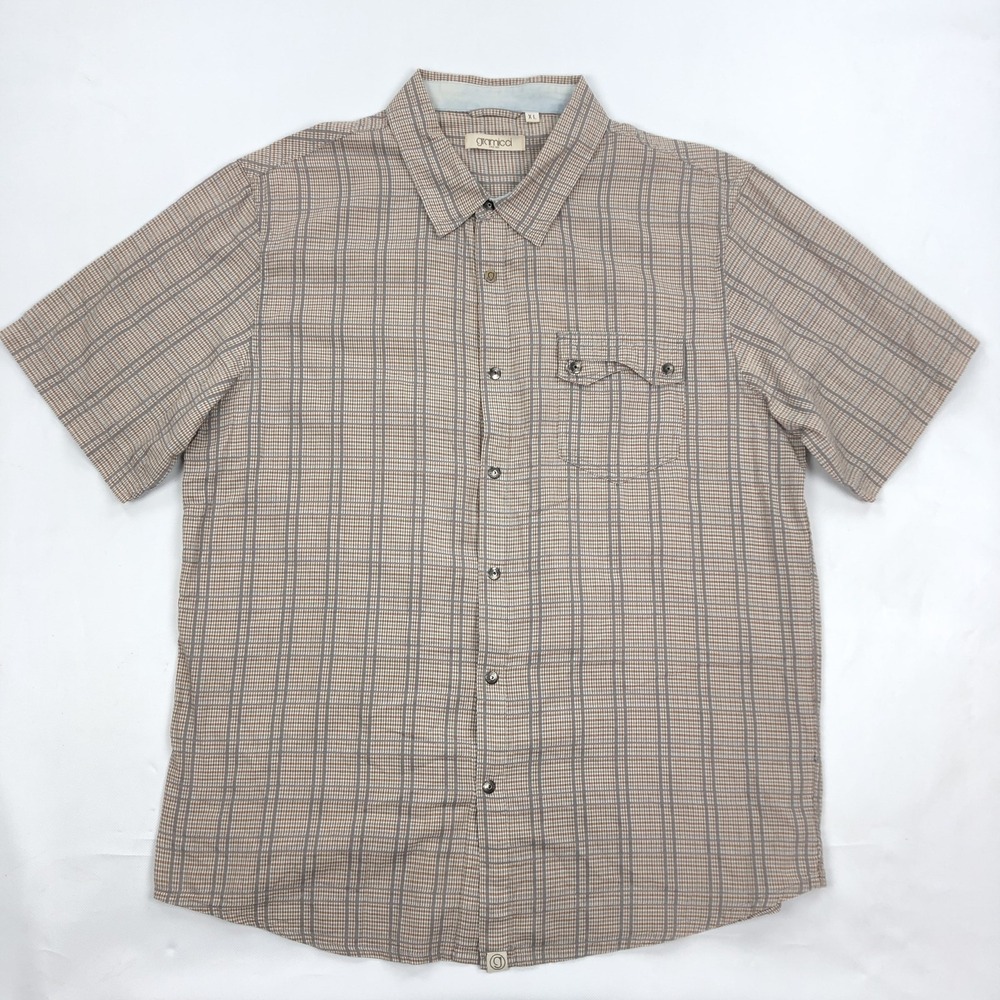 Gramicci Men's XL Brown Gray Plaid Short Sleeve Casual Shirt Metal Snap